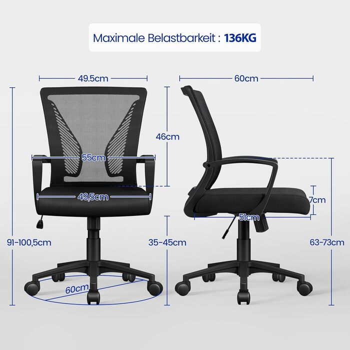 Ергономічне офісне крісло Yaheetech, сітчасте крісло для столу, робоче крісло з підлокітниками, сітчасте крісло для керівника, комп&39ютерне крісло з регульованою висотою (136 кг), дихаюче, функція гойдання, чорне, фіксовані підлокітники