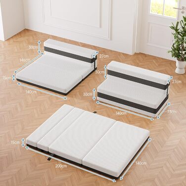 Розкладний матрац TeQsli Gel заввишки 15 см, гостьовий матрац, розкладний матрац із 4 предметів та диван-ліжко 3-в-1 з чохлом, який можна прати та знімати, сертифікований Oeko-Tex та CertiPUR (140x200x15 см)