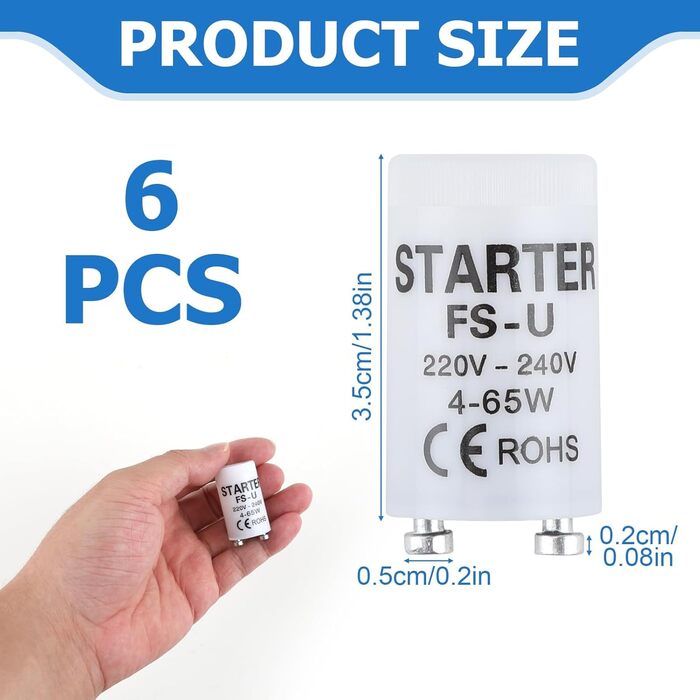 Люмінесцентна лампа на 6 стартерів, універсальний стартер для люмінесцентних ламп ST111, 4-65W, 220-240V, міцний і надійний стартер для люмінесцентних ламп, підходить для побутового та комерційного використання (6 шт.)