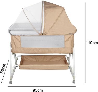 Дитяче ліжечко OHMG Side-by-Side, дитяче ліжко, дитяча колиска, дитяче ліжко 3 в 1 для новонароджених, ліжко-гойдалка для дому та подорожей з колесами, регульована висота 6 рівнів (95 * 50 * 98-110 см (бежево-білий)) 95*50*98-110 см (бежево-білий)