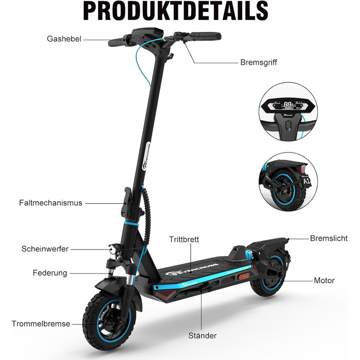 Електросамокат EVERCROSS з допуском до дорожнього руху (ABE), двигун 500 Вт, 10-дюймові позашляхові вакуумні шини, акумулятор 46,8 В 716,04 Втгод із запасом ходу до 70 км, складаний електросамокат для дорослих із застосунком та світлодіодним дисплеєм