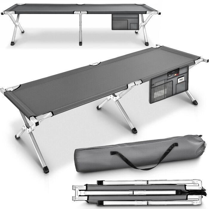 Кемпінгове ліжко, Похідне ліжко, 190 x 64 x 44 см, Металева труба - Вантажопідйомність до 150 кг, 190 x 64 x 44 см, Сірий