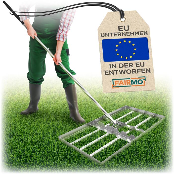 Зручний металевий рівняльник для газону (75x35 см) від Fairmo для насиченого зеленого газону - рівняльник для газону з ручкою 2 метри - інструмент для догляду за газоном з вирівнюючими зубцями - широкий граблі для піскування газону
