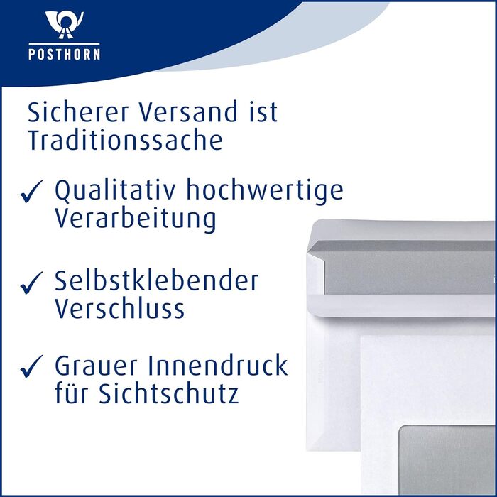 Конверт DIN long (1000 шт), самоклеючий конверт з вікном, білі конверти з сірим внутрішнім принтом для конфіденційності, 110 x 220 мм, 75 г/м