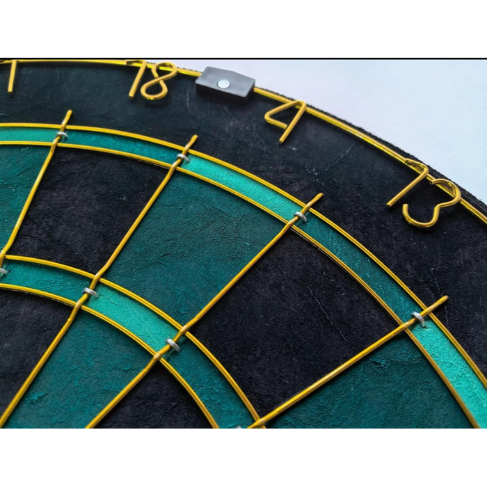 Професійна сизалева мішень для дротиків, бірюзового кольору із золотим кільцем з номером та стрілками - Професійна сталева мішень для дротиків - Мішень для дротиків з 6 металевими наконечниками, золотими стволами для дротиків та держаками