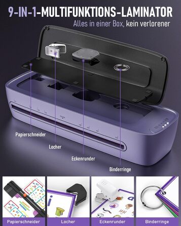 Ламінатор A3 з 30 ламінувальними пакетами, гарячий та холодний ламінатор для паперів A3, A4, A5 та A6, ламінатор 9-в-1 з різаком для паперу та закруглювачем кутів, ламінатор для школи, дому, офісу та файлів (фіолетовий)