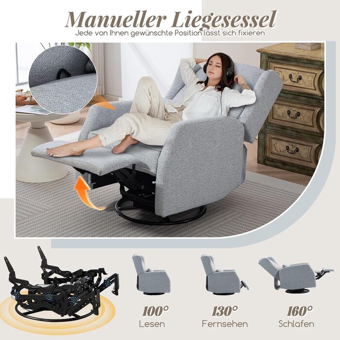 Крісло-гойдалка з функцією відкидання спинки, крісло для телевізора з поворотом на 360 для вітальні, крісло-гойдалка з м&39якою поперековою опорою, крісло для телевізора з функцією гойдання, ручне регулювання (сіре)