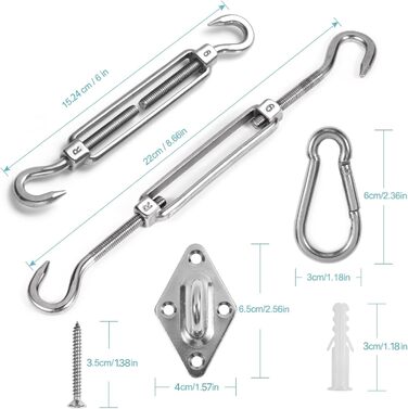 Комплект кріплення сонцезахисного вітрила HOMPER M6, Комплект кріплення аксесуарів для сонцезахисних вітрил квадратних та трикутних, нержавіюча сталь (12 предметів для квадратних 16 гвинтів) M6-444