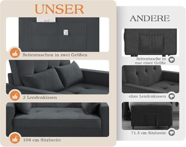 Диван-ліжко 186 x 122 см з 5-позиційним регулюванням спинки, диван-ліжко 3-в-1 з подушками та бічною кишенею, сірий лляний диван для гостьових кімнат та невеликих приміщень