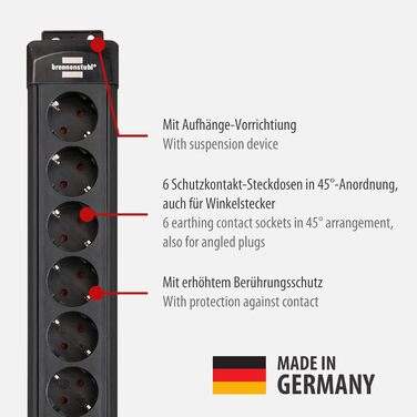 Розетка Brennenstuhl Premium-Line 6-місна із захистом від перенапруги до 26 000 А (розетка з кабелем 1,8 м і вимикачем, настінна р