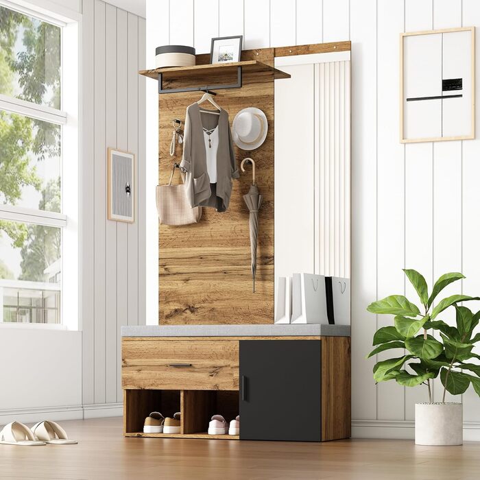 Набір вішалок для одягу Ymkua настінна вішалка, набір вішалок для передпокою з підставкою для взуття, дзеркалом і подушками, набір