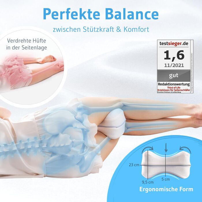 Подушка для колін для тих, хто спить на боці, ортопедична подушка для ніг для оптимальної пози під час сну, ергономічна опорна подушка з в&39язкопружного пінополіуретану з ефектом пам&39яті, дихаюча та пральна оббивка 23,5x9,5 см білого кольору