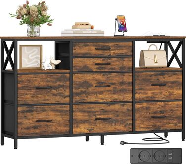 Комод Hzuaneri 140 см, 2 порти USB та 2 порти змінного струму, комод з 8 тканинними шухлядами, універсальні меблі для зберігання речей у вітальні та спальні, 30 x 140 x 86 см, вінтажний DU03801BEU