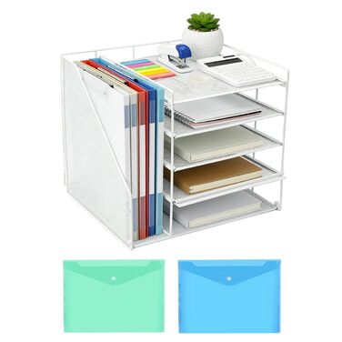 Настільний органайзер з тримачами для файлів, 5-ярусний сітчастий тримач для файлів, сітчастий офісний органайзер, настільний органайзер та місце для зберігання канцелярського приладдя, лоток для документів A4, білий