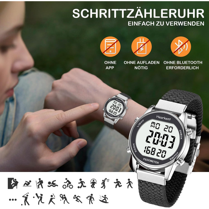 Крокомір для жінок, фітнес-трекер для ходьби, водонепроникний спортивний годинник, лічильник калорій, наручний годинник з великим цифровим дисплеєм, для пенсіонерів, жінок та людей похилого віку, чорний