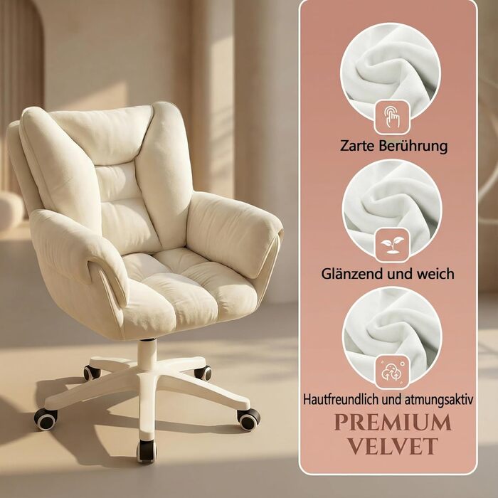 Крісло для домашнього офісу, оксамитове крісло, поворот на 360, регульована висота, ергономічне офісне крісло, крісло-косметика, обертове крісло, дихаюче, для кабінету/спальні, витримує до 120 кг (біле), 52x44x85 см