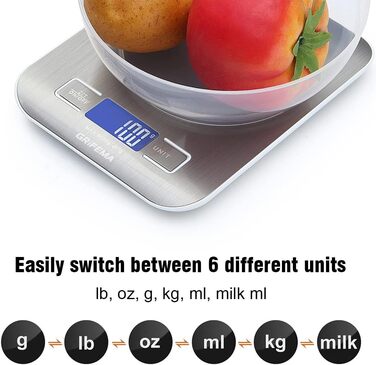 Кухонні ваги GRIFEMA з нержавіючої сталі, високоточні цифрові ваги 1г-5000г з РК-дисплеєм, функція тари, 6 одиниць вимірювання, ба