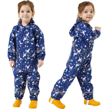 Дощовик Fewlby для дівчаток, водонепроникна куртка, цільний плащ з капюшоном, багаторазові штани для бруду, синій єдиноріг, вік 2-5 років