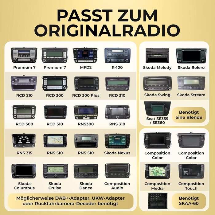 Авторадіо для VW Golf 5/6 Passat Touran Tiguan T5 / Skoda/SEAT (RNS/RCD Ersatz) 8&39 QLED, 4GB64GB, CarPlay/Android Auto, 4G-SIM, DAB (включ. антена), інтегрований CANBUS, 8V7-L2 Android 14