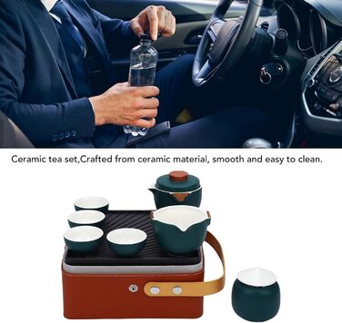 Гонфу-Чайний Сервіс, Портативний Керамічний Чайник з Елегантним Коричневим Шкіряним Футляром, Традиційний Темно-Зелений Дизайн для Дому, Офісу, Подорожей та як Подарунок