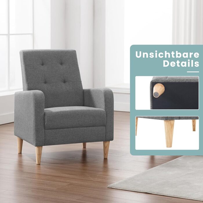 Крісло-підлокітник WOLTU з підлокітниками, ніжки з масиву дерева, підходить для вітальні, спальні або балкону, сучасне, лляний чохол, темно-сірий