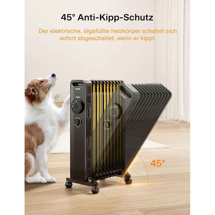 Масляний радіатор PELONIS потужністю 2300 Вт з J-подібними ребрами, масляний нагрівальний елемент з 3 режимами нагріву та термостатом, тихий електричний обігрівач із захистом від перекидання, енергоефективний клас А для спальні, вітальні, офісу, 11 ребер,