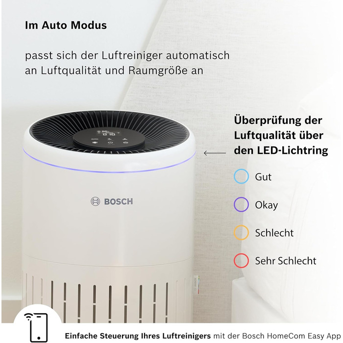 Керований за допомогою програми очищувач повітря Bosch Air 4000i - Для приміщень до 62,5 м - Видаляє 99,9 забруднюючих речовин - Включає повітряний фільтр HEPA13, розумний датчик, автоматичний режим, режим сну (25 дБ) - CADR 300 м/год.