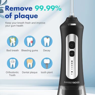 Портативний іригатор для ротової порожнини, USB-перезаряджуваний, з 5 рівнями тиску, 6 насадками, резервуаром на 300 мл, водонепроникний та бездротовий, для домашнього використання та подорожей