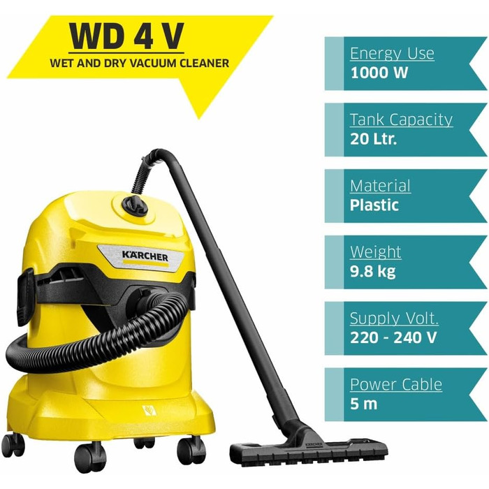 Пилосос для сухого та вологого прибирання Krcher WD 4 V-20/5/22, вкл. плоский гофрований фільтр, запатентований фільтрувальний бло