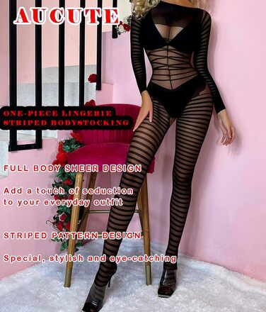 Сексуальний бодістокінг Aucute для жінок, з відкритою інтимною зоною та довгим рукавом, чорний, універсальний розмір