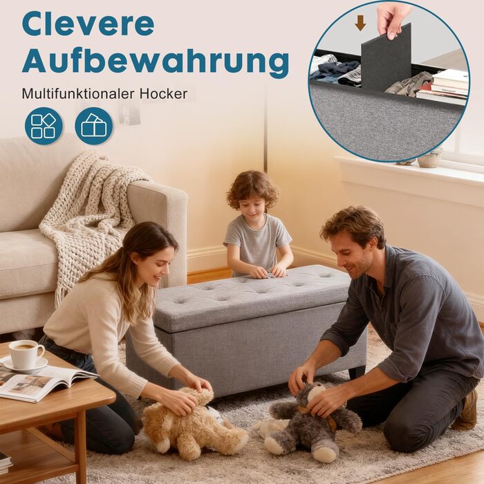 Лавка для зберігання DUMOS, Коробка для зберігання з кришкою, 110 x 38 см, Скриня-лавка для зберігання, Пуф для зберігання, Вантажопідйомність до 150 кг, Пуф для ніг для вітальні, спальні, гуртожитку, Сірий 110 x 38 x 38 см Сірий