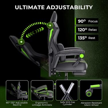 Ергономічне ігрове крісло Seenda GCP-25 з масажем офісне крісло з високою спинкою, кутом нахилу 135, з підставкою для ніг, з повітропроникною сітчастою тканиною та вантажопідйомністю 150 кг, безшумними колесами для використання на столі