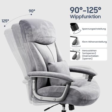 Ергономічне офісне крісло, вантажопідйомність 200 кг, крісло керівника, письмове крісло, м&39яке та зручне широке сидіння XXL, потовщена підкладка, регульована висота, з поперековою опорою, для високих людей, вельветова тканина, сіра вельветова тканина