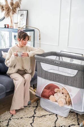 Дитяче ліжечко Momi SMART Bed 4-в-1 до 15 кг, приліжкове ліжечко для немовлят з матрацом, регульована висота, сірого кольору, одномісне