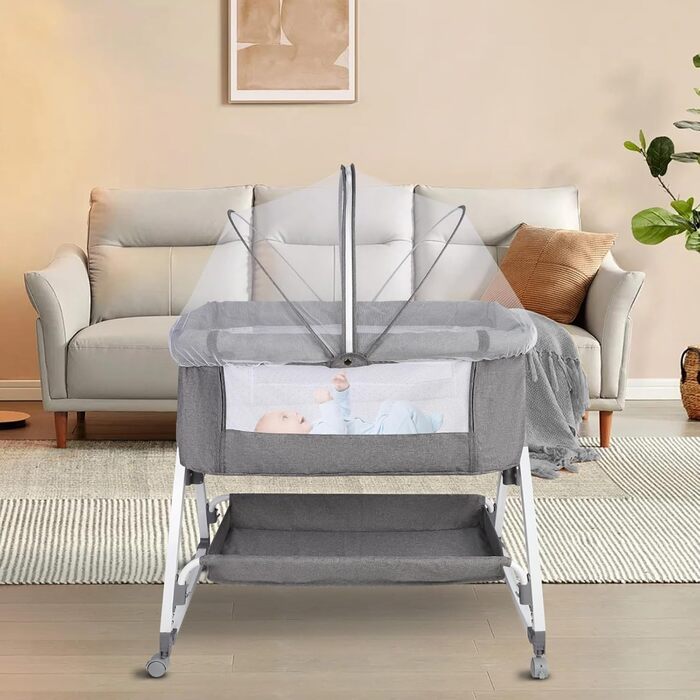 Дитяче ліжечко Side-by-Side, дитяче ліжечко 2-в-1 від народження до 25 кг, додаткове ліжко з 6 регулюваннями висоти, з матрацом/відкидною бічною панеллю/колесами, ліжечко з сітчастої тканини - 80 x 40 x 100-115 см - льон 80 x 40 x 100-115 см - льон