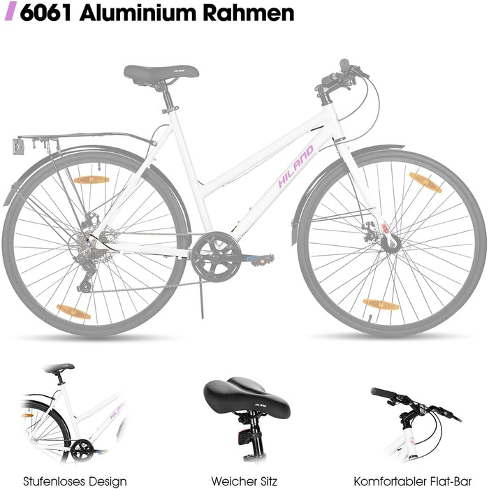 Шосейний велосипед Hiland 28″ з алюмінію, 7 швидкостей для чоловіків та жінок, білий