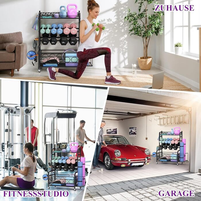 Стійка для гантелей, багатофункціональне сховище для гантелей, підставка для гантелей з колесами та гачками, може вмістити гантелі, килимки для йоги, ролики для фасцій, гирі та інші гантелі, чорна, для дому
