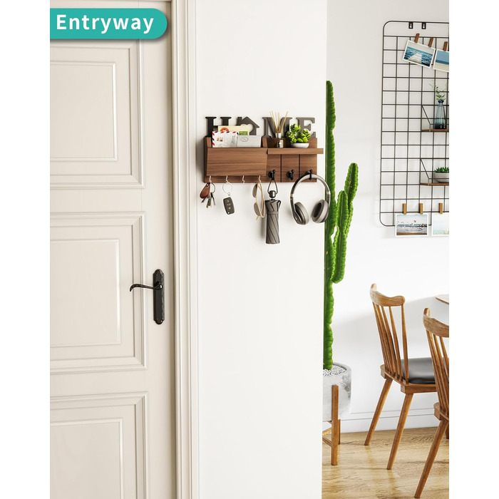 Ключниця HapiRm з декором HOME, дерев'яна ключниця з 7 гачками для ключів, ключниця з полицею Підходить для вхідної зони, вхідних