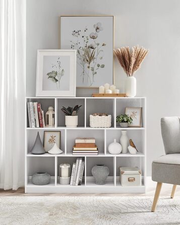 Книжкова полиця VASAGLE, полиця, кубічна полиця, окремостояча полиця, 11 відкритих відділень, можна використовувати горизонтально, вертикально або догори дном, 30 x 126 x 100 см, для вітальні, кабінету, офісу, біла LBC054T14 11 кубічна біла
