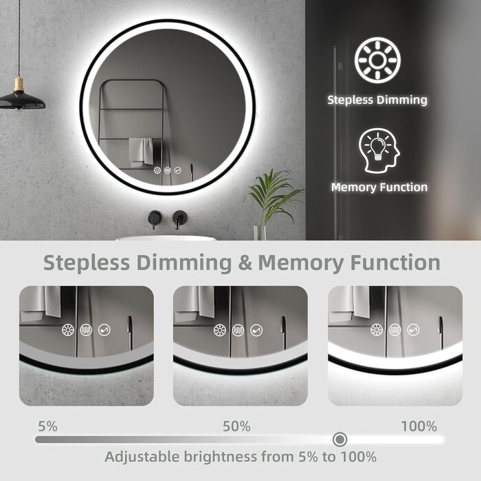 Дзеркало для ванної кімнати кругле з підсвічуванням діаметром 80 см, світлодіодне дзеркало кругле з Bluetooth, регульоване, 3 кольори світла, запотівання, пам'ять світла, IP44 HD загартоване скло чорне дзеркало для ванної кімнати 80L x 80B см M3054 Munich