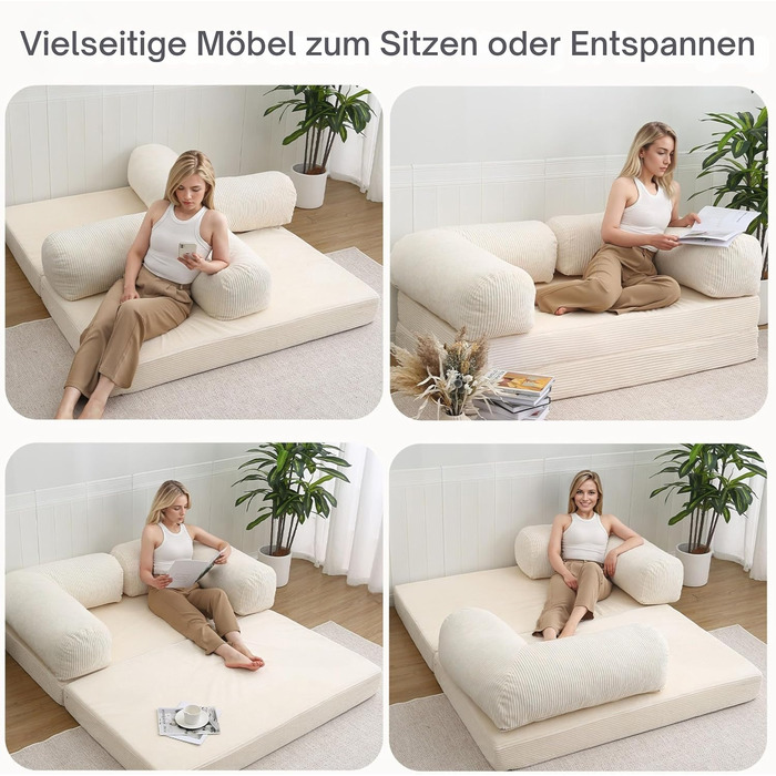 Диван MeMoreCool 4-в-1 без кісток, розкладний диван-ліжко з підлокітниками, розкладним матрацом та кріслом-ліжком, зручний розкладний диван для вітальні та спальні як шезлонг або гостьове ліжко, бежевий