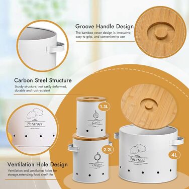 Набір із 3 контейнерів для зберігання картоплі, цибулі та часнику, металеві з вентиляційними отворами, штабелювана конструкція з бамбуковими кришками, кухонний органайзер для овочів (чорний)