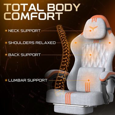 Ергономічне ігрове крісло Verdego з функцією масажу, підголівником та підставкою для ніг, оксамит, регульована спинка 90-145, регульована висота 10 см, ігрове крісло, сіро-помаранчевий оксамит