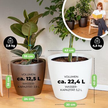 Великий квітковий горщик ZOD для зовнішнього та внутрішнього використання, горщик для квітів із автополивом та підставка для рослин, горщик для гідропоніки (кімнатний та кашпо), срібний, 10 л, 35x35x34 см