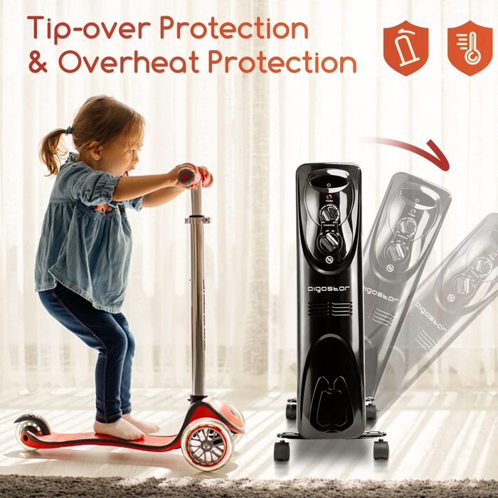 Масляний радіатор Aigostar потужністю 2500 Вт з 13 ребрами, мобільний електричний обігрівач, енергозберігаючий, портативний масляний обігрівач, 3 режими нагріву, термостат, захист від перекидання та перегріву, чорний