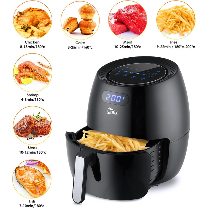 Фритюрниця з гарячим повітрям, фритюрниця Uten 6.5 л XXL з цифровим світлодіодним сенсорним екраном, 8 програм, попередній нагрів і підтримання тепла, кошик для смаження з антипригарним покриттям, без жиру, 1800 Вт 6.5 л із сенсорним екраном Чорний-1