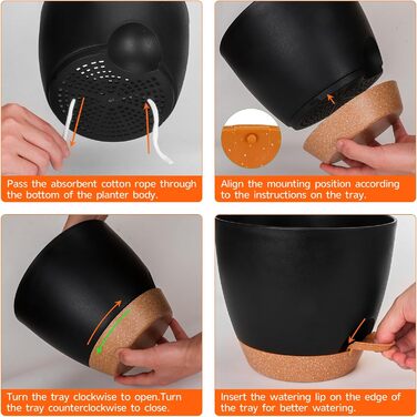 Квітковий горщик CSYY, набір із 7 пластикових квіткових горщиків із системою поливу, 20,3/19/17,7/16,5/15,2/14/12,7 см, самополивний горщик для рослин із блюдцем, підходить для використання в приміщенні та на вулиці, чорний, 7 предметів