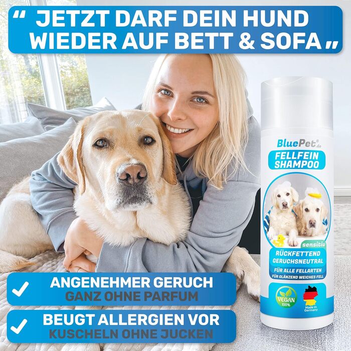 Шампунь для собак BluePet без парфумів щітка для ванни проти свербіння, запахів та бруду Шампунь для хутра з алое вера та олією жожоба для блискучої, здорової та легко розчісується шерсті (шампунь, 200 мл)