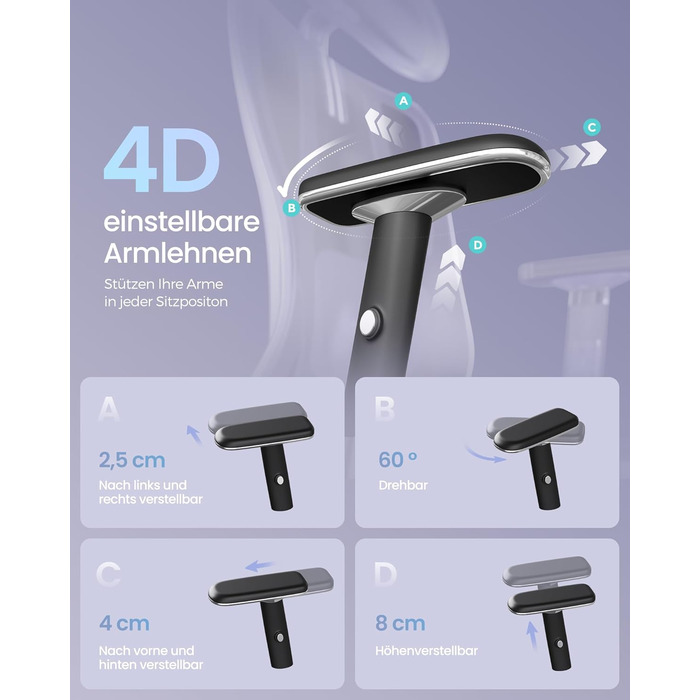 Ергономічне офісне крісло SONGMICS, стілець для столу, ігрове крісло, регульована поперекова опора, підголівник, підлокітники, підходить для різних розмірів тіла, вантажопідйомність до 150 кг, чорний колір OBN067BH01