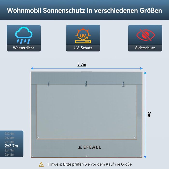 Сонячний тент для передньої стіни автофургона 2 x 3,7 м, захист UPF 50, дощозахисний, з регульованим панорамним вікном (тканина сітка), сонцезахисний тент для кедерних рейок Ø 57 мм, включаючи монтажні аксесуари 2 x 3,7 м - передня стіна